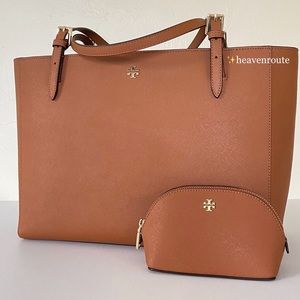 ⭐️Tory Burch Buckle Cognac Tan Large Tote + Matching Mini Bag* Set